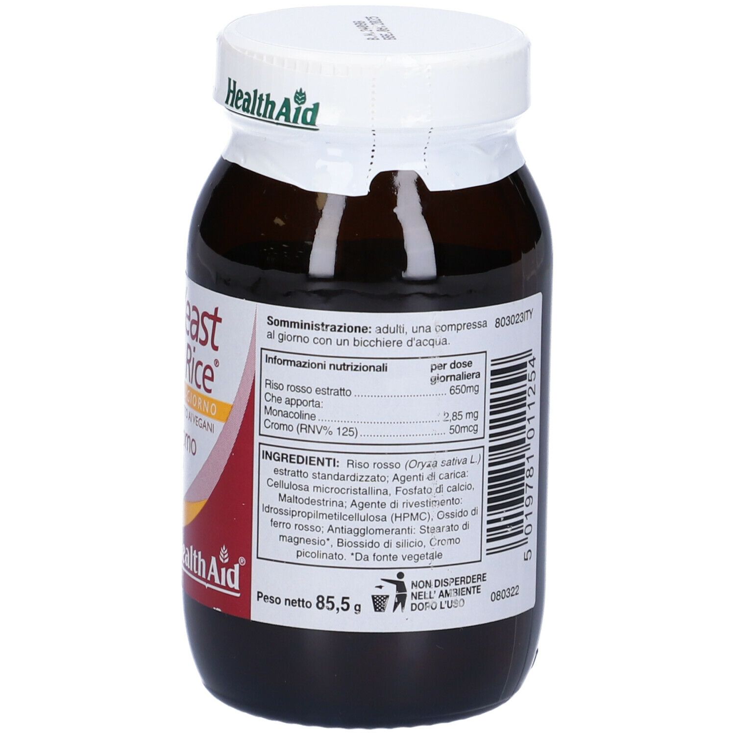 Flacone di vetro marrone con tappo bianco. Etichetta con informazioni nutrizionali. Marchio: HealthAid.