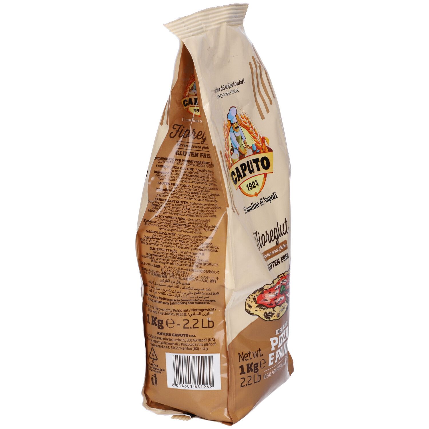 Vista laterale del sacco di farina Fioreglut. Marchio Caputo. Scritto: Fioreglut, senza glutine. 1 kg. Per pizza e pane.
