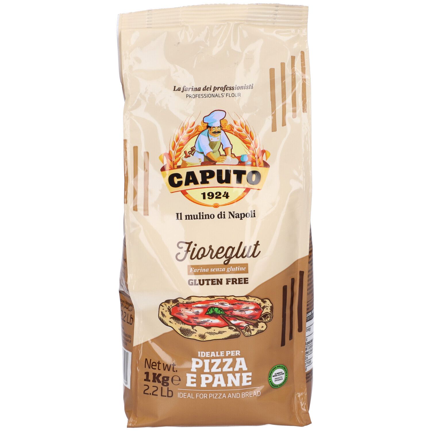 Sacco di farina Fioreglut senza glutine per pizza e pane. Marchio Caputo. 1 kg. Immagine di una pizza.