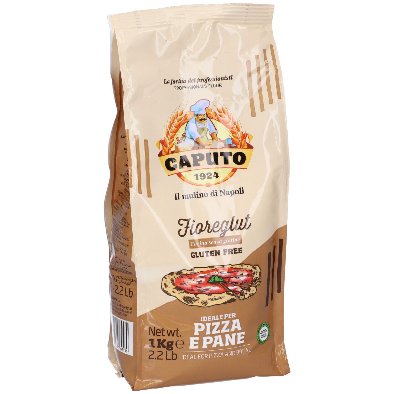 Sacco di farina Fioreglut senza glutine per pizza e pane. Marchio Caputo. 1 kg. Immagine pizza.