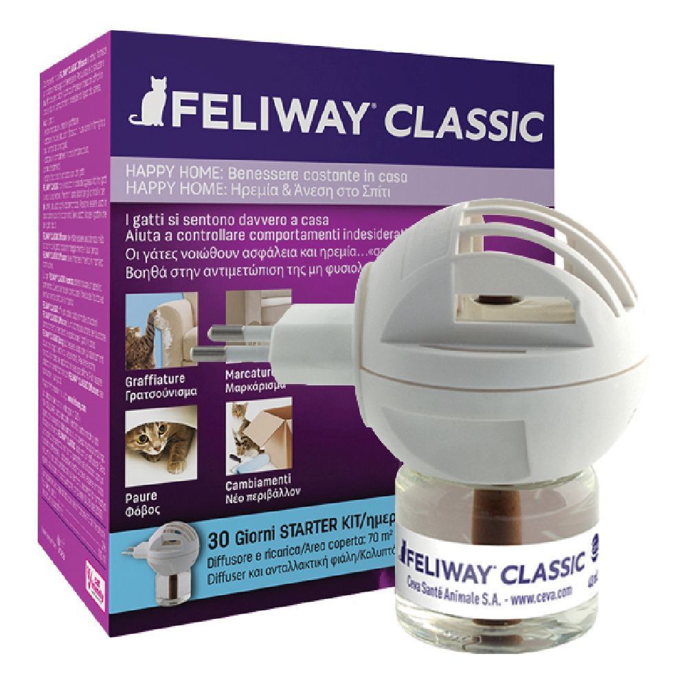 Diffusore bianco con ricarica e confezione. Scritta: Feliway Classic. Kit iniziale.