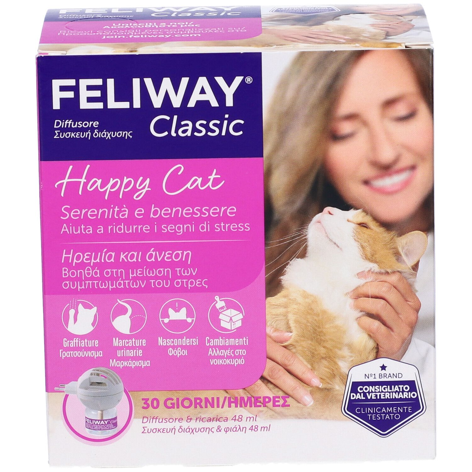 Confezione Feliway Classic. Donna con gatto. Scritta: Happy Cat, Serenità e benessere.