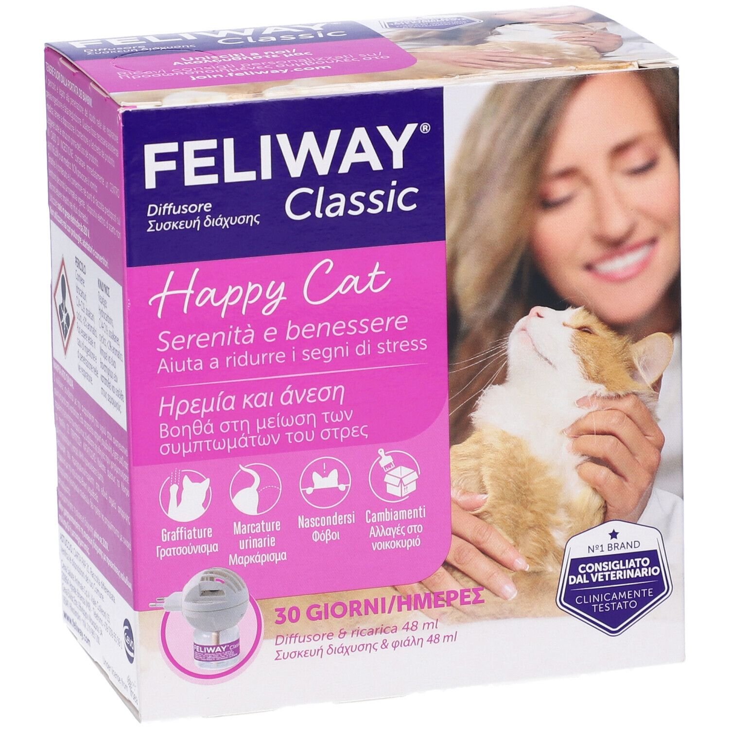Confezione Feliway Classic. Donna con gatto. Scritta: Happy Cat, Serenità e benessere.