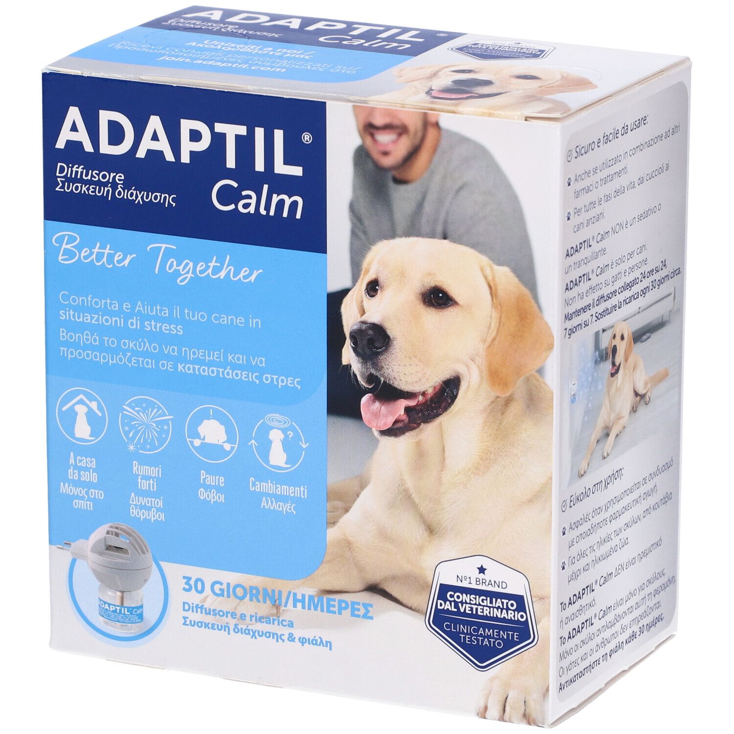 Confezione Adaptil Calm Diffusore. Immagine di uomo e cane. Include diffusore e ricarica. 30 giorni.