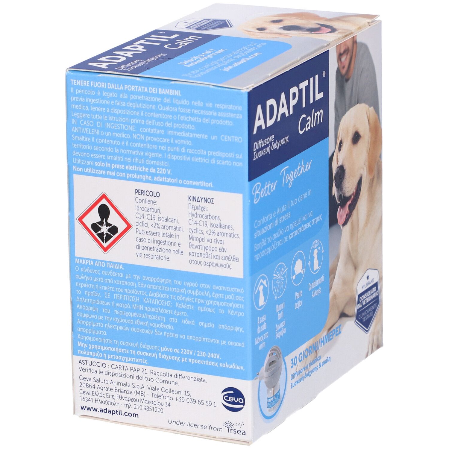 Retro della confezione Adaptil Calm Diffusore. Avvertenze e informazioni. Immagine di uomo e cane.