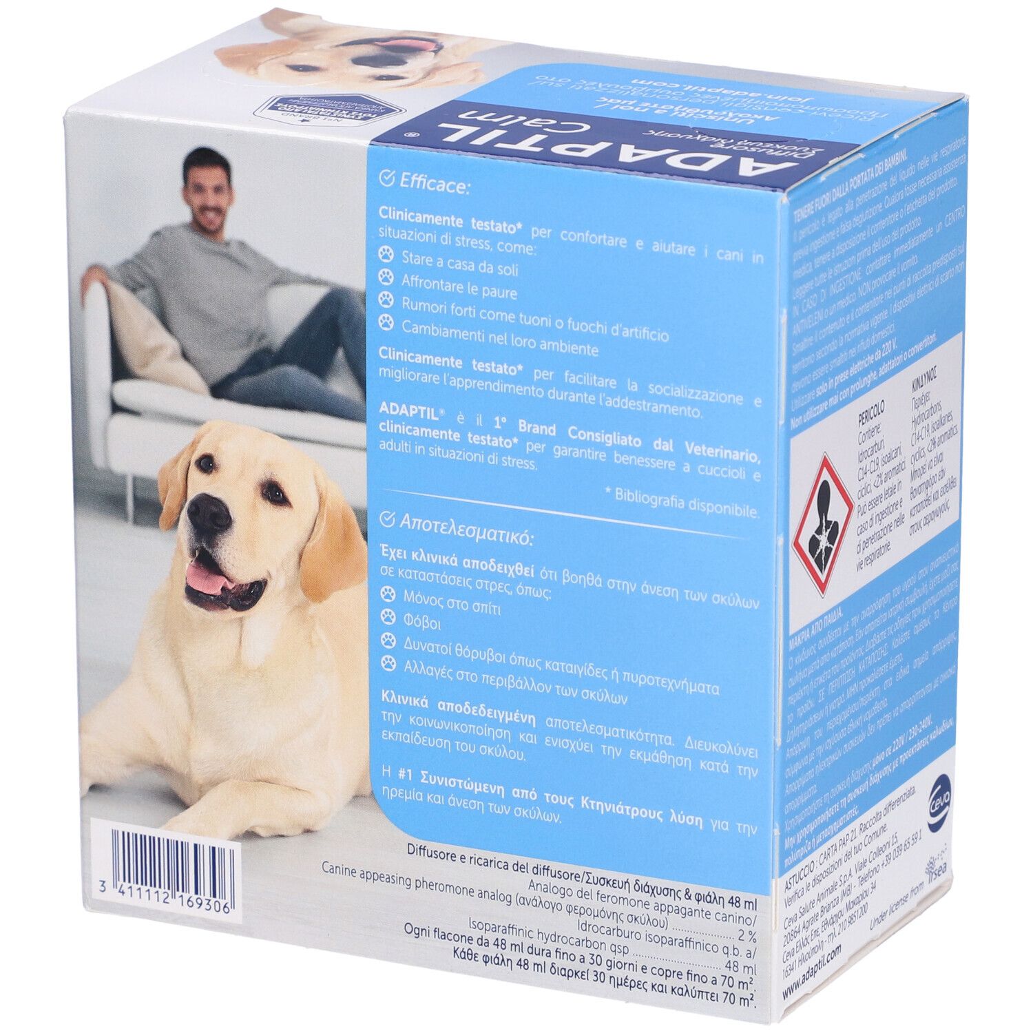 Retro della confezione Adaptil Calm Diffusore. Informazioni e loghi. Immagine di uomo e cane.