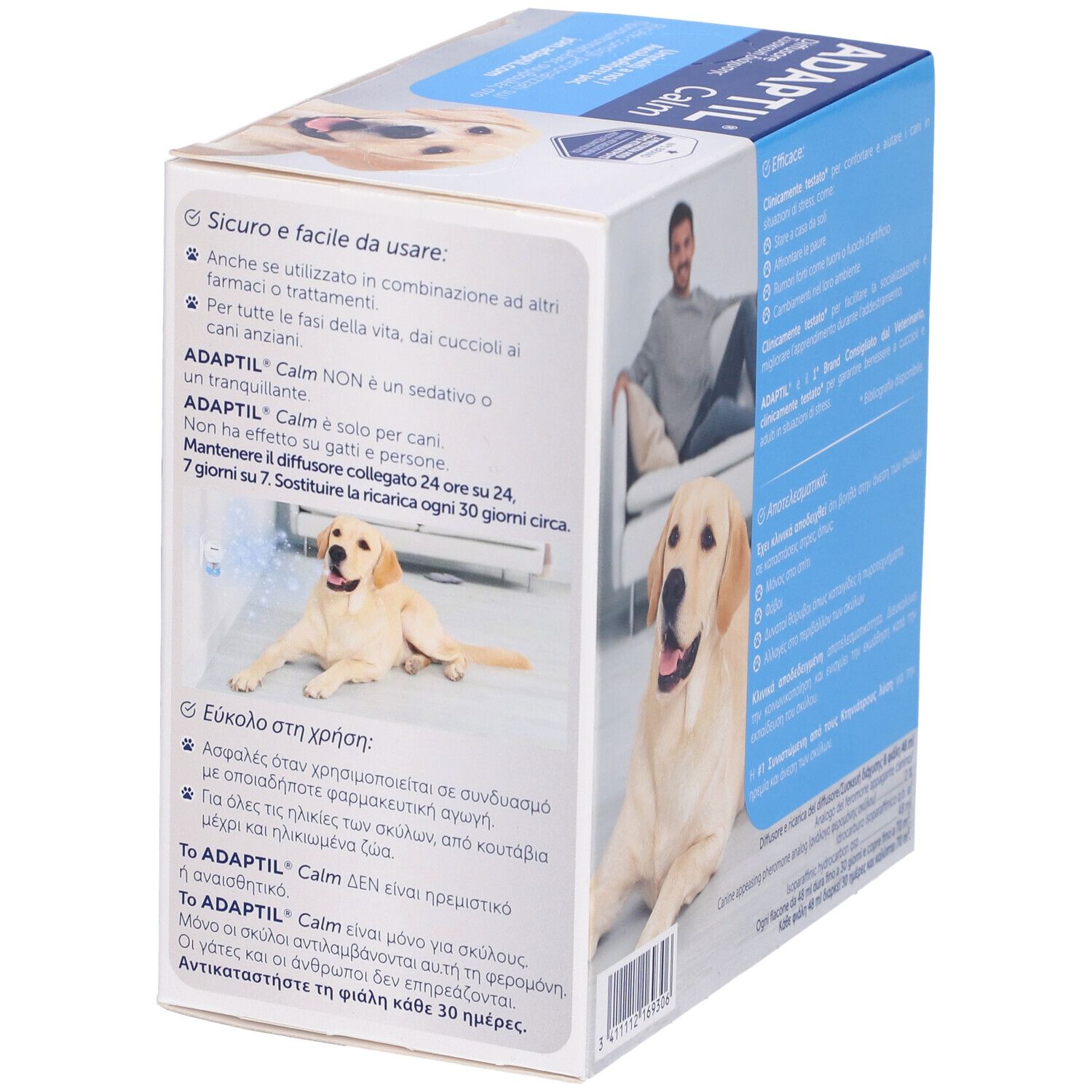 Lato della confezione Adaptil Calm Diffusore. Informazioni e loghi. Immagine di uomo e cane.
