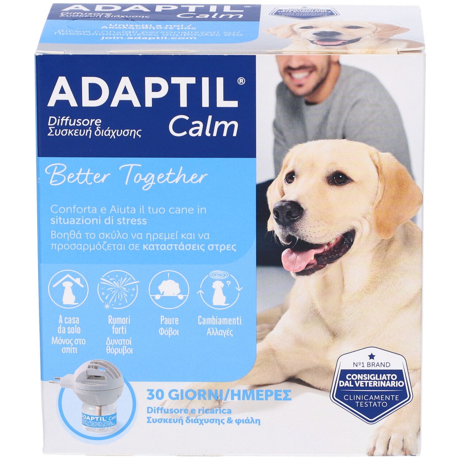 Confezione Adaptil Calm Diffusore. Include diffusore e ricarica. Immagine di uomo e cane.