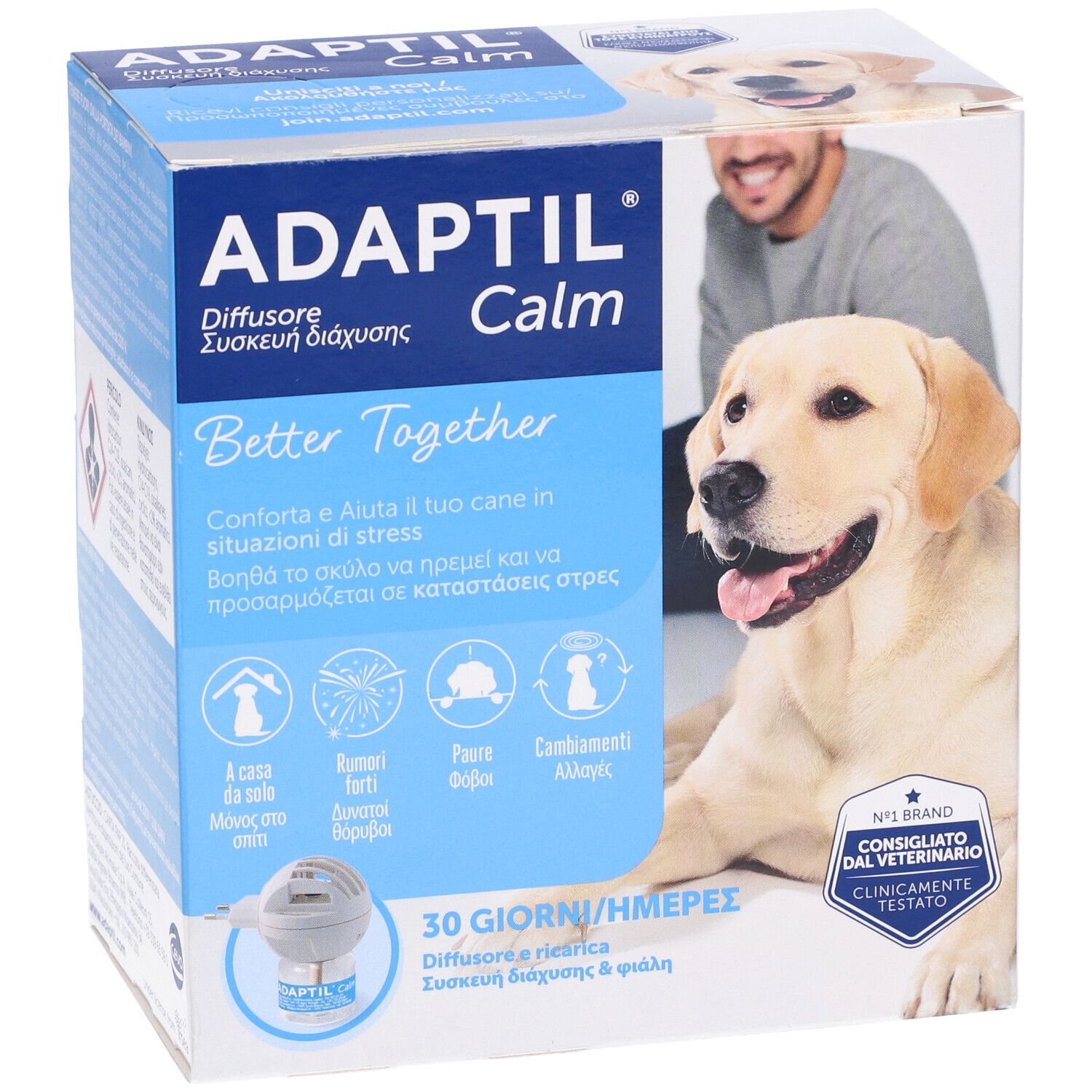 Confezione Adaptil Calm Diffusore. Include diffusore e ricarica. Immagine di uomo e cane.