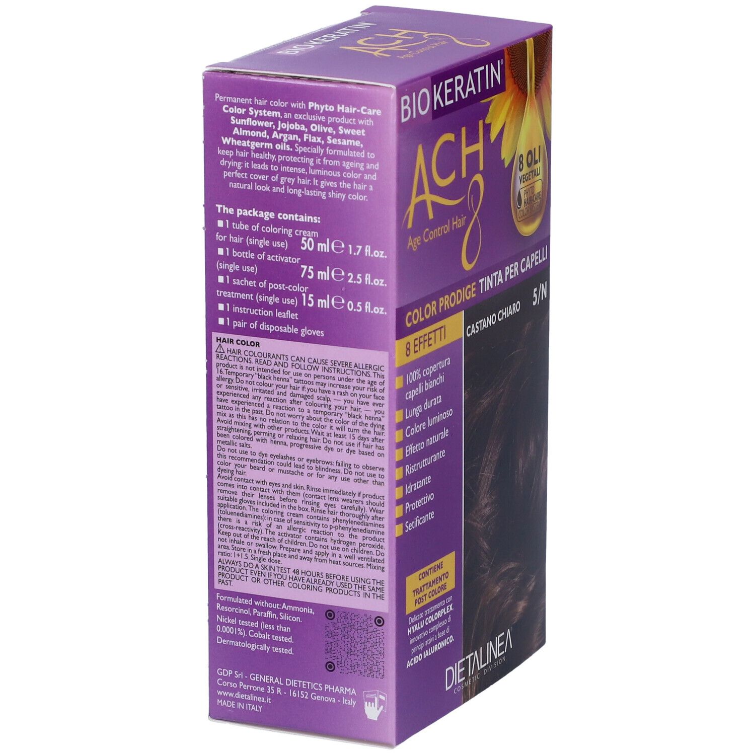 Confezione di tinta per capelli, vista laterale. Contiene informazioni sul prodotto, ingredienti e dettagli del produttore.