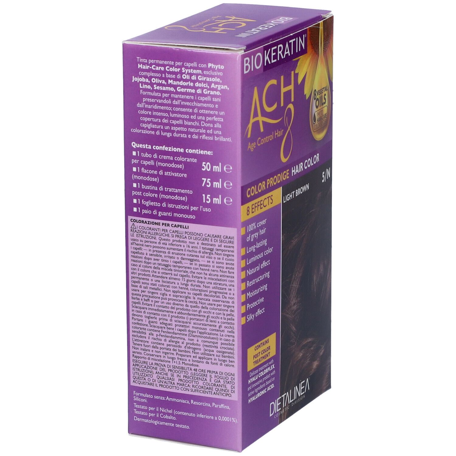 Confezione di tinta per capelli, vista laterale. Contiene informazioni sul prodotto, ingredienti e dettagli del produttore.