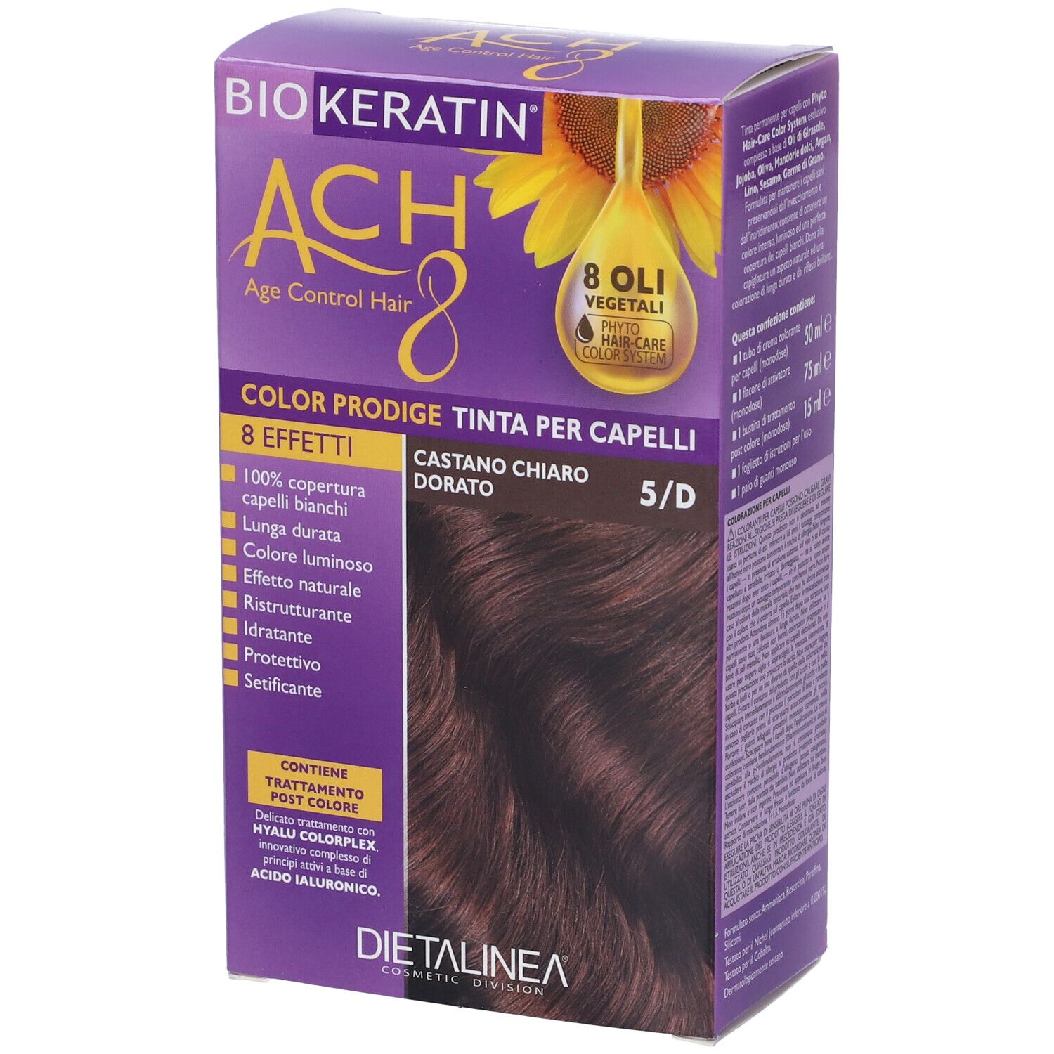 Biokeratin ACH 8 Color Prodige, castano chiaro dorato 5/D. Scatola viola con immagine e testo del prodotto.