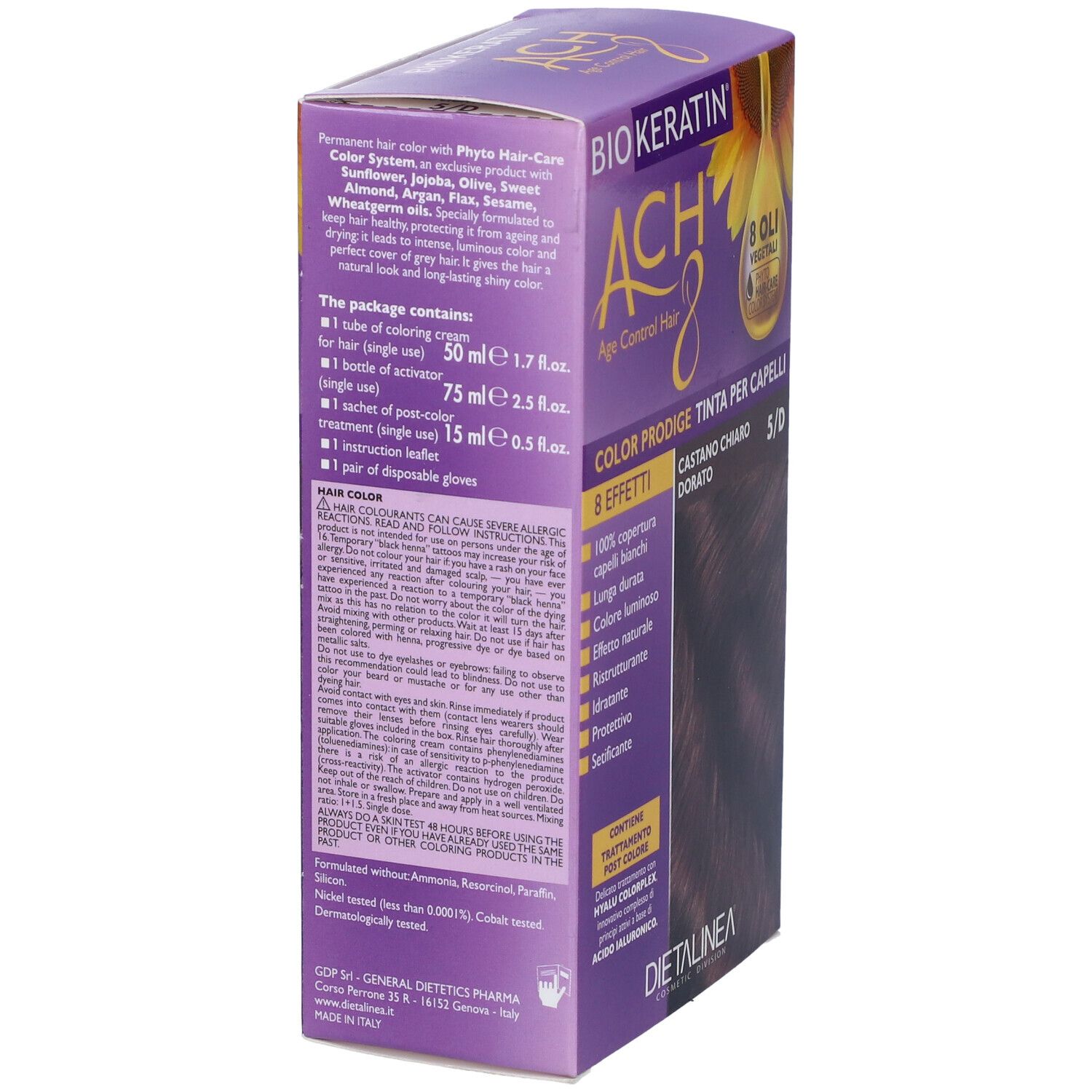 Biokeratin ACH 8 Color Prodige, castano chiaro dorato 5/D. Scatola viola, retro con testo e ingredienti.