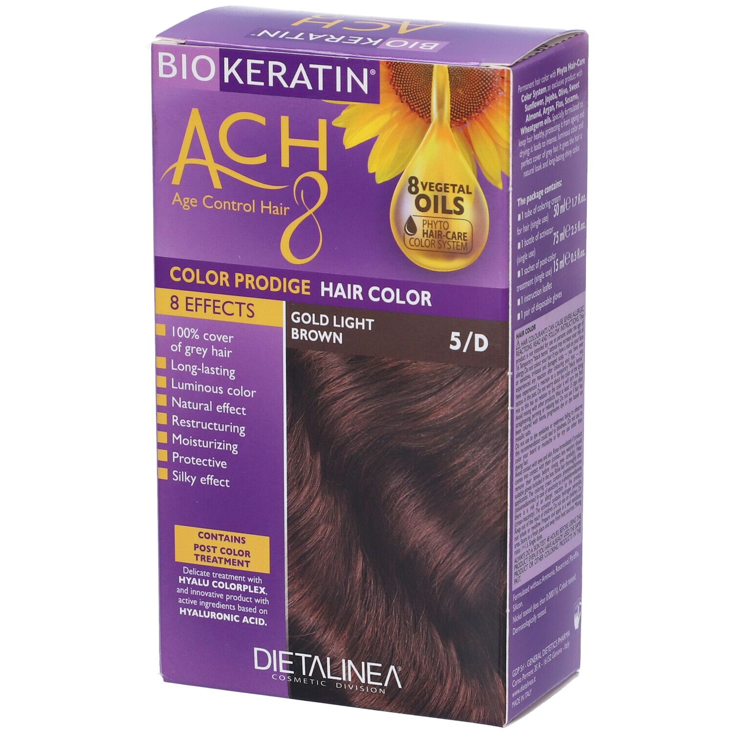Biokeratin ACH 8 Color Prodige, castano chiaro dorato 5/D. Scatola viola con immagine e testo del prodotto.
