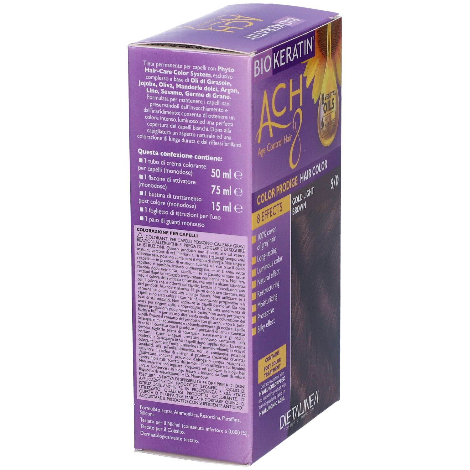 Biokeratin ACH 8 Color Prodige, castano chiaro dorato 5/D. Scatola viola, retro con testo e ingredienti.