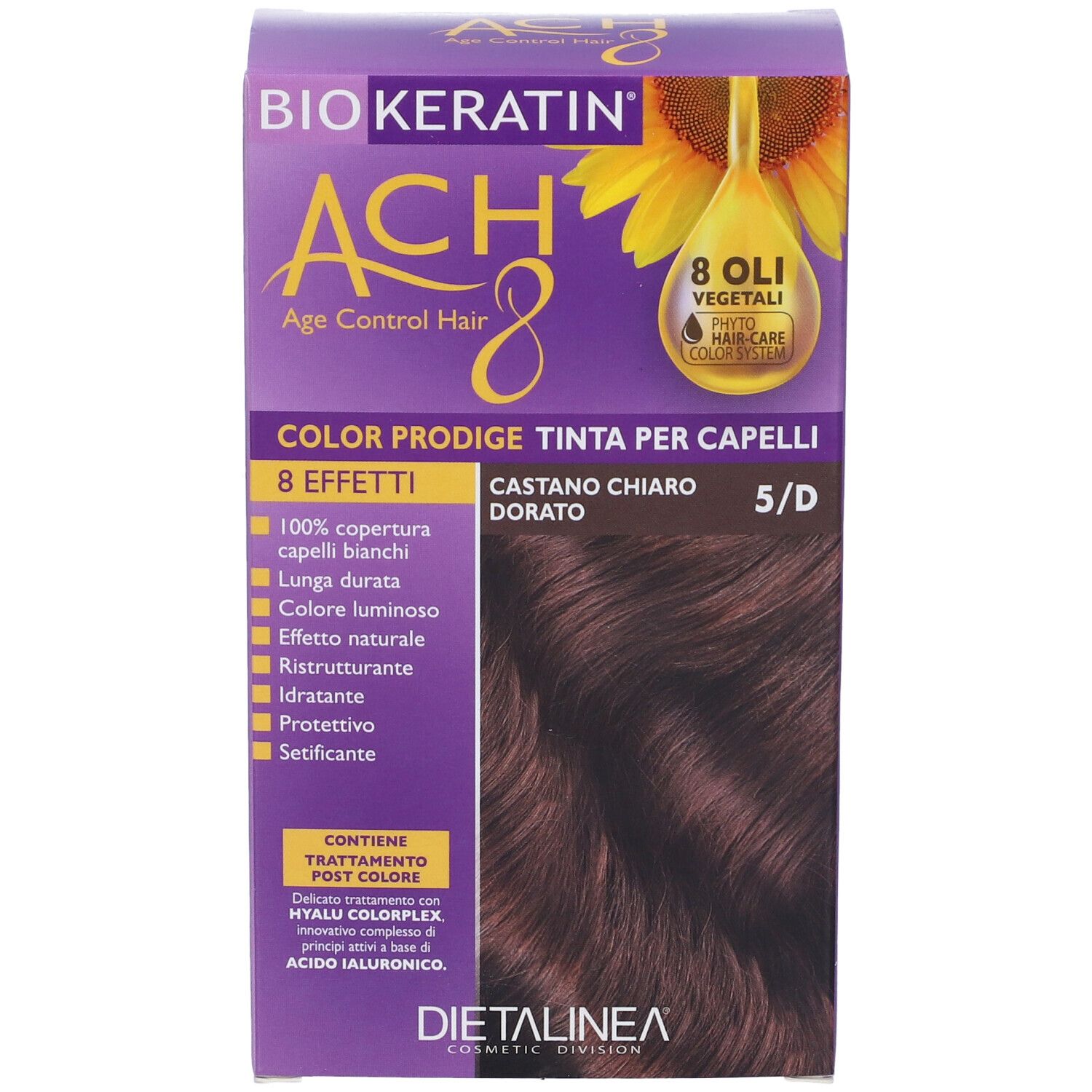 Biokeratin ACH 8 Color Prodige, castano chiaro dorato 5/D. Scatola viola con immagine e testo del prodotto.