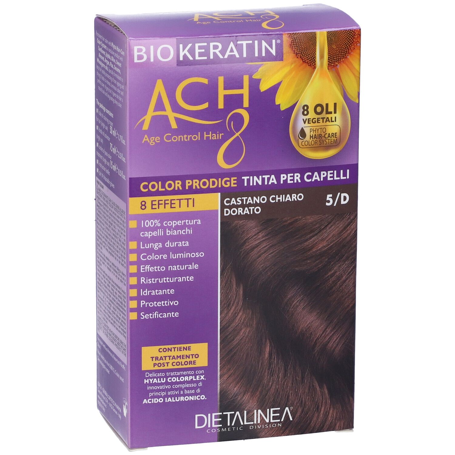 Biokeratin ACH 8 Color Prodige, castano chiaro dorato 5/D. Scatola viola con immagine e testo del prodotto.
