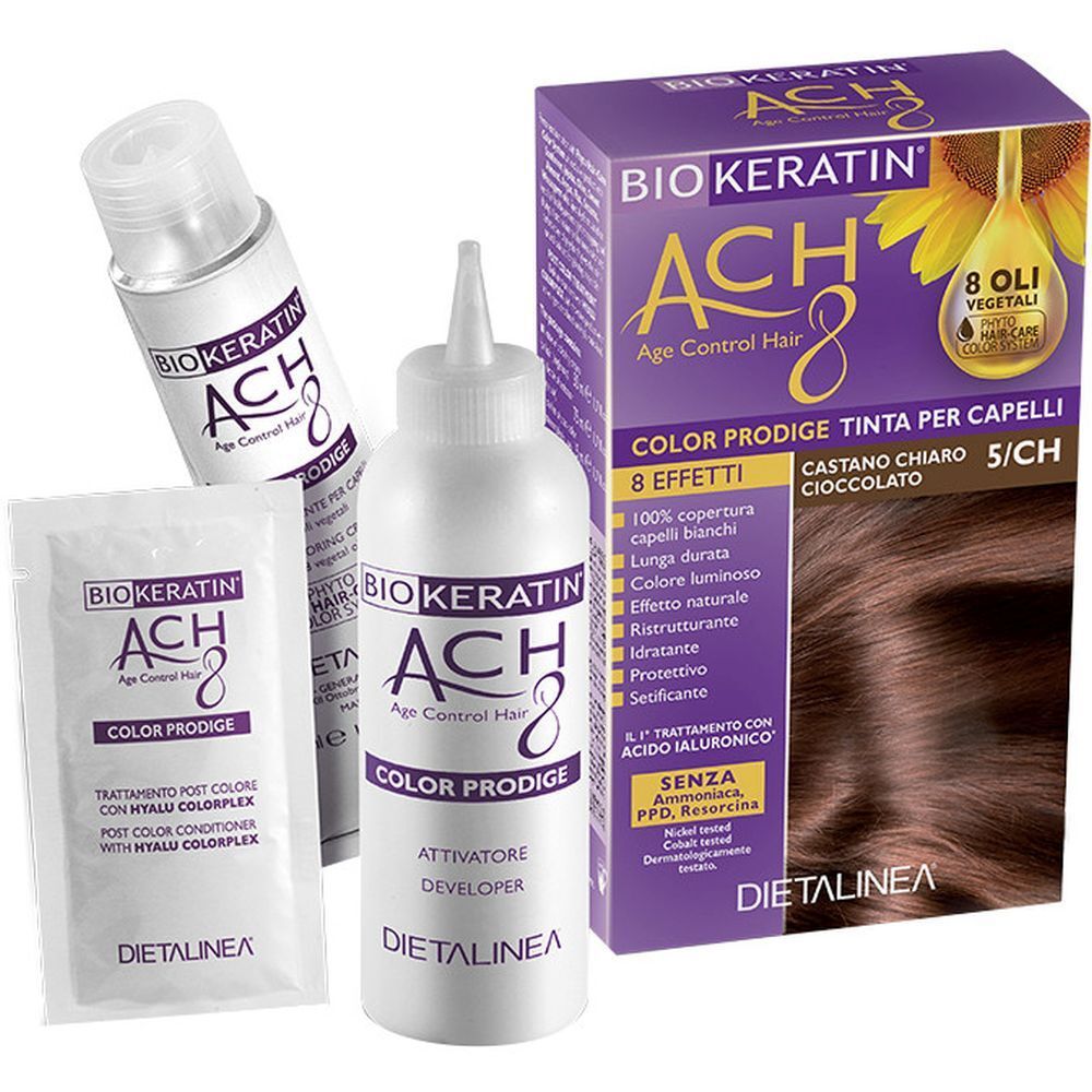 Prodotto per la colorazione dei capelli con confezione. Contiene flaconi e bustine. Scritta: BIOKERATIN ACH8 Color Prodige.