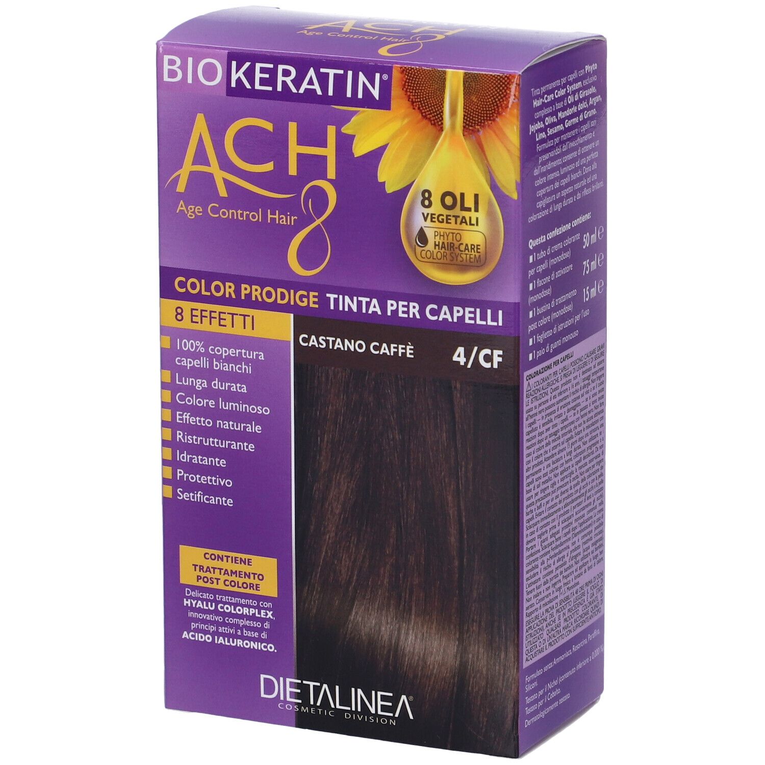 Scatola per tinta per capelli. Scritta: BIOKERATIN ACH8 Color Prodige, Castano Caffè 4/CF. Con logo girasole.