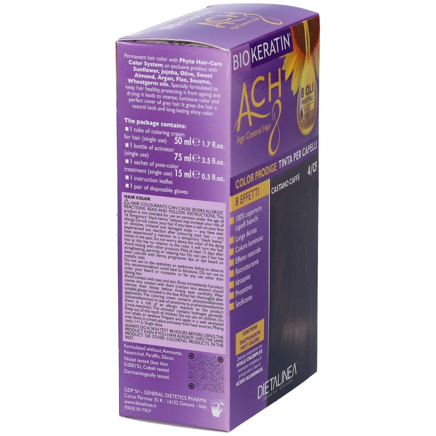 Retro della scatola per tinta per capelli. Scritta: BIOKERATIN ACH8 Color Prodige, Castano Caffè 4/CF. Con informazioni sul contenuto.