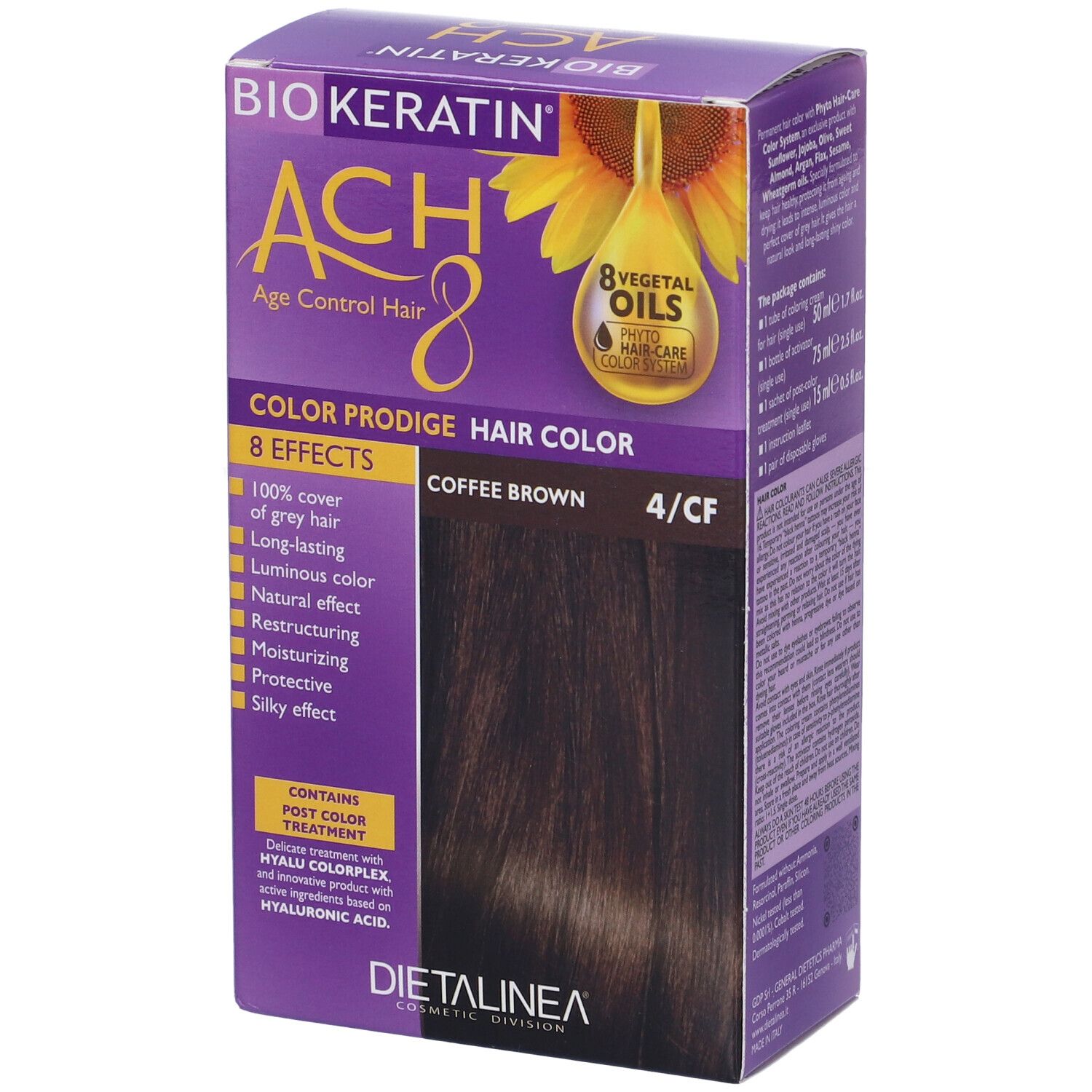 Vista laterale della scatola per tinta per capelli. Scritta: BIOKERATIN ACH8 Color Prodige, Coffee Brown 4/CF. Con informazioni sul contenuto.
