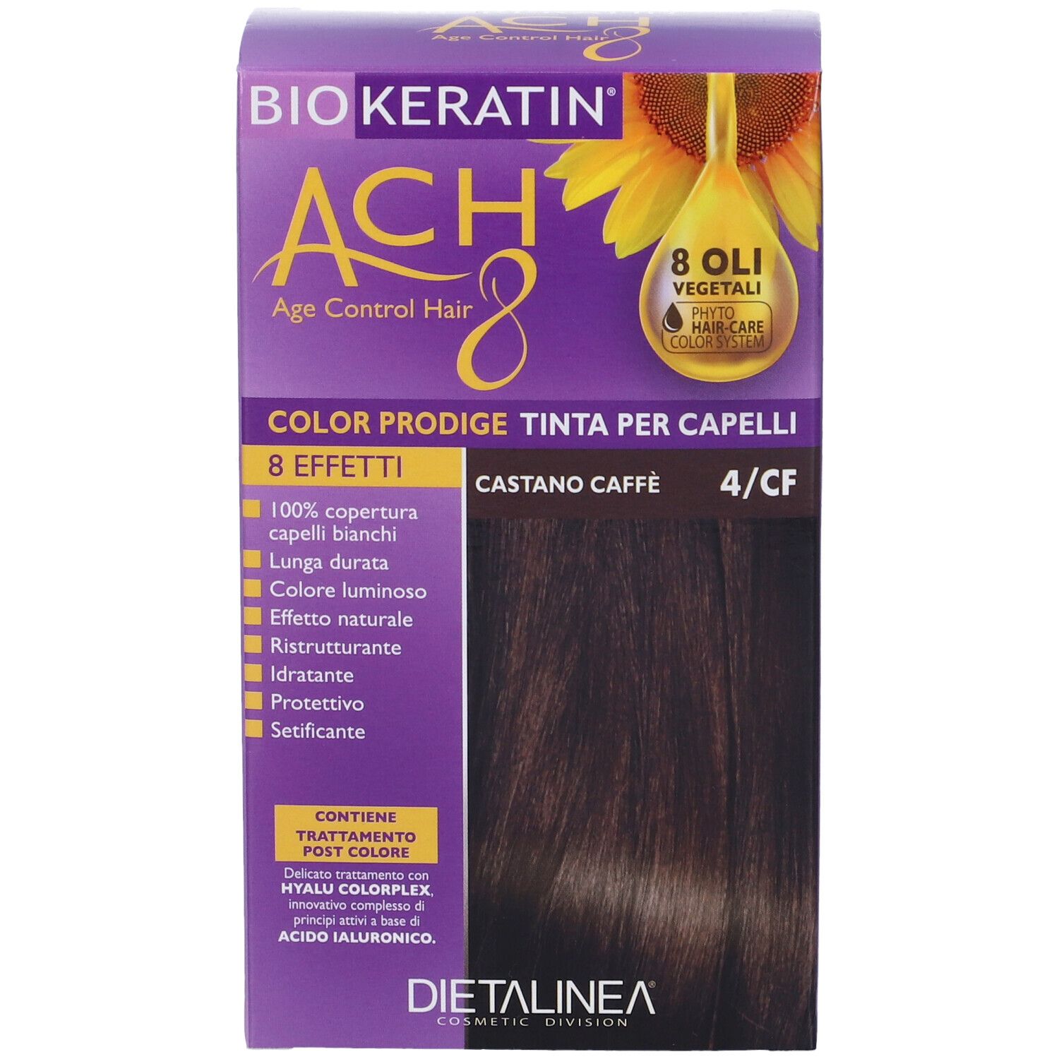 Scatola per tinta per capelli. Scritta: BIOKERATIN ACH8 Color Prodige, Castano Caffè 4/CF. Con logo girasole.