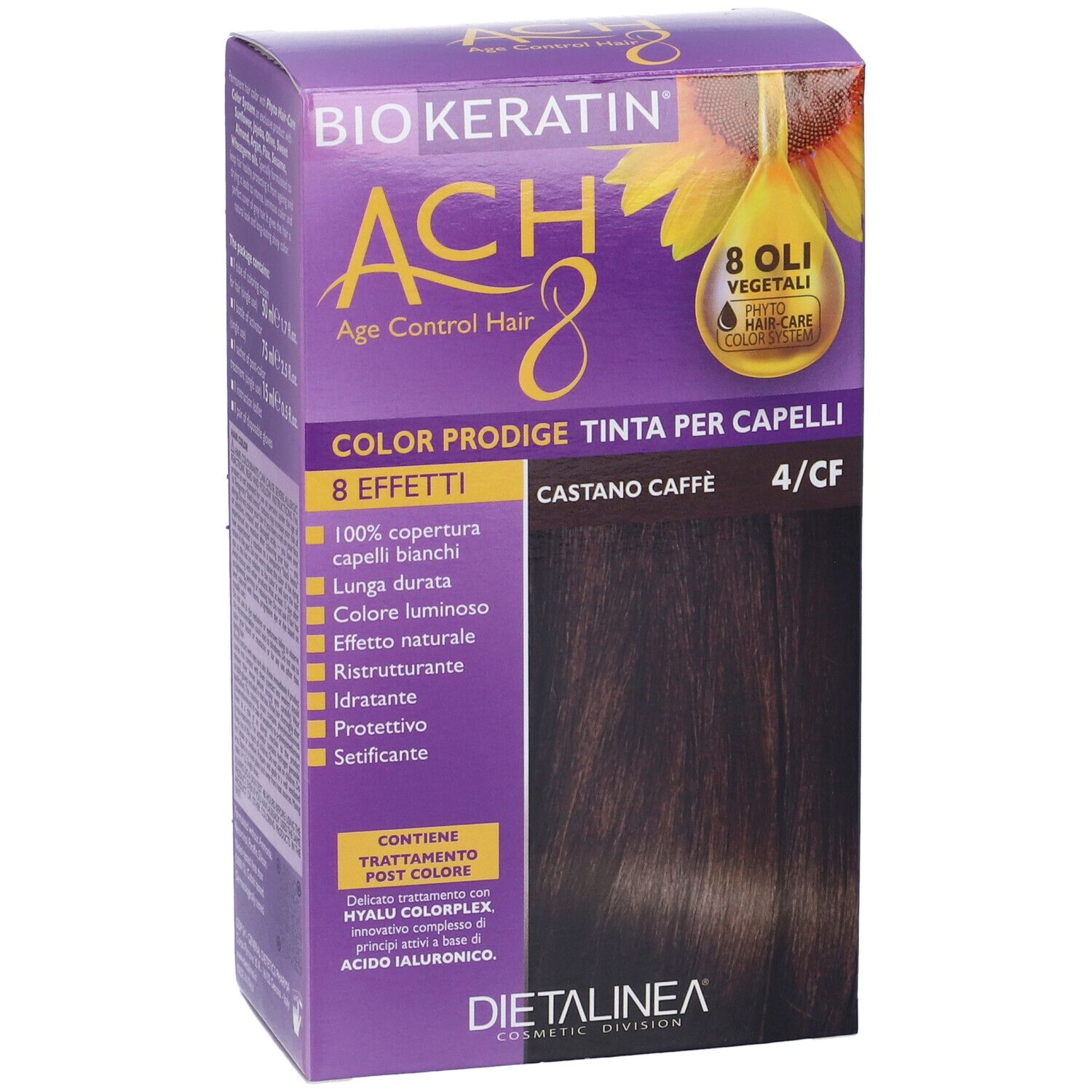 Scatola per tinta per capelli. Scritta: BIOKERATIN ACH8 Color Prodige, Castano Caffè 4/CF. Con logo girasole.