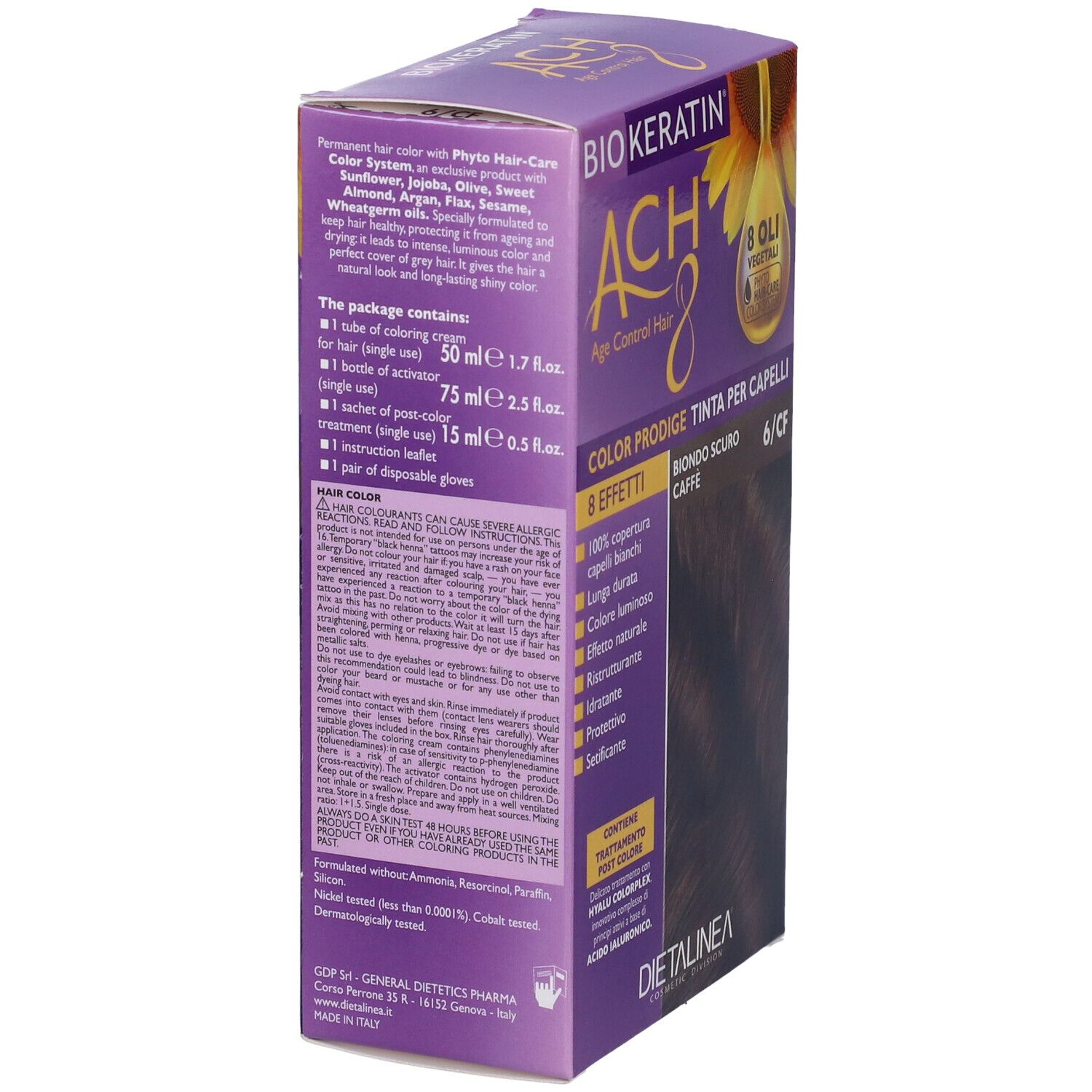Scatola di colorazione per capelli. Nome prodotto: Biokeratin ACH8 Color Prodige. Colore: Coffee Dark Blonde 6/CF. Con logo girasole.