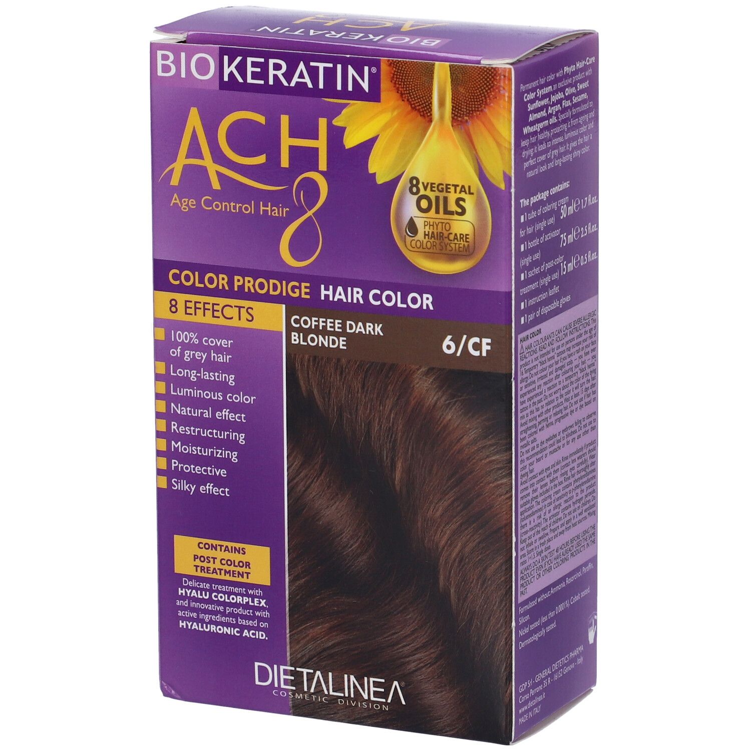 Scatola di colorazione per capelli. Nome prodotto: Biokeratin ACH8 Color Prodige. Colore: Coffee Dark Blonde 6/CF. Con logo girasole.