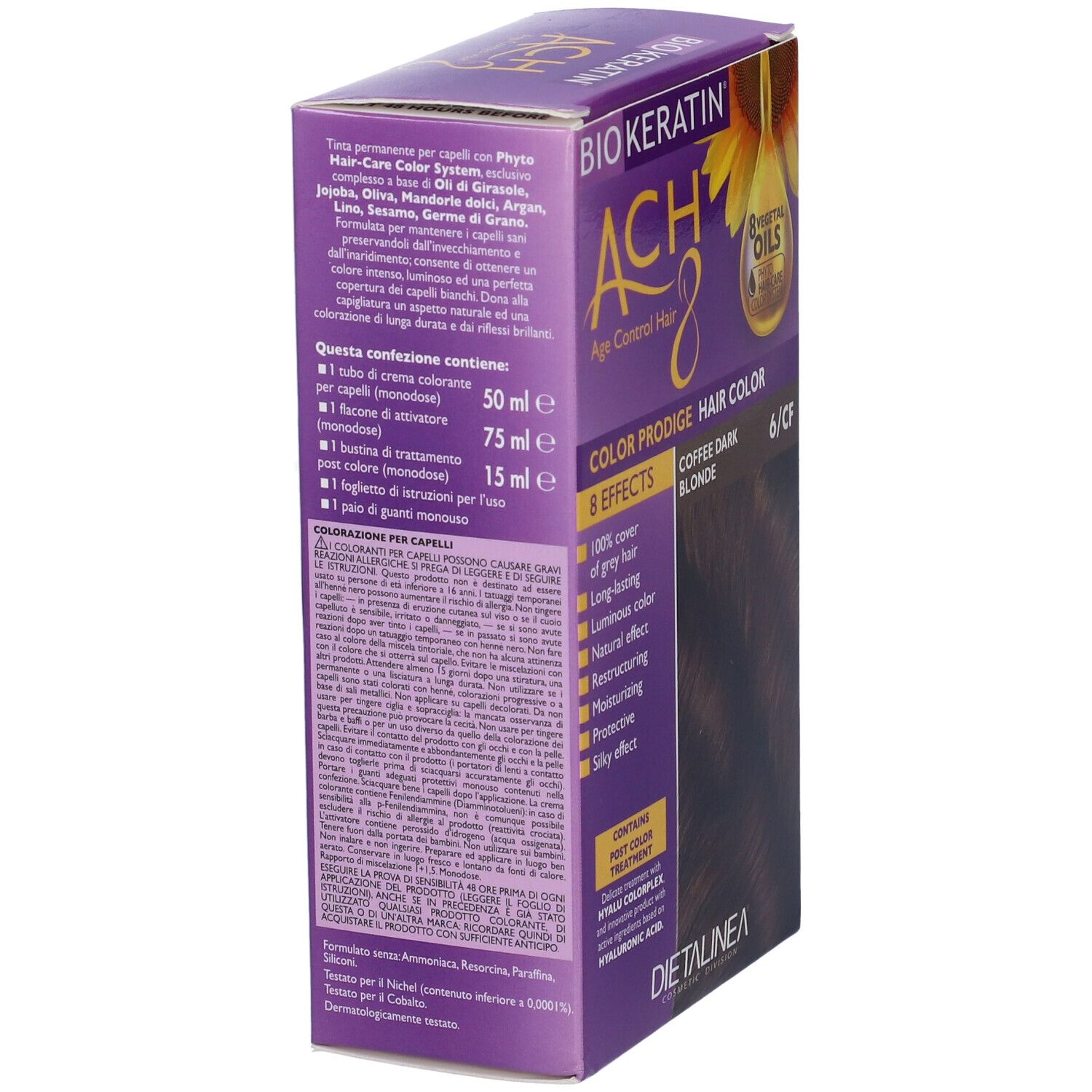 Scatola di colorazione per capelli. Nome prodotto: Biokeratin ACH8 Color Prodige. Colore: Coffee Dark Blonde 6/CF. Con logo girasole.