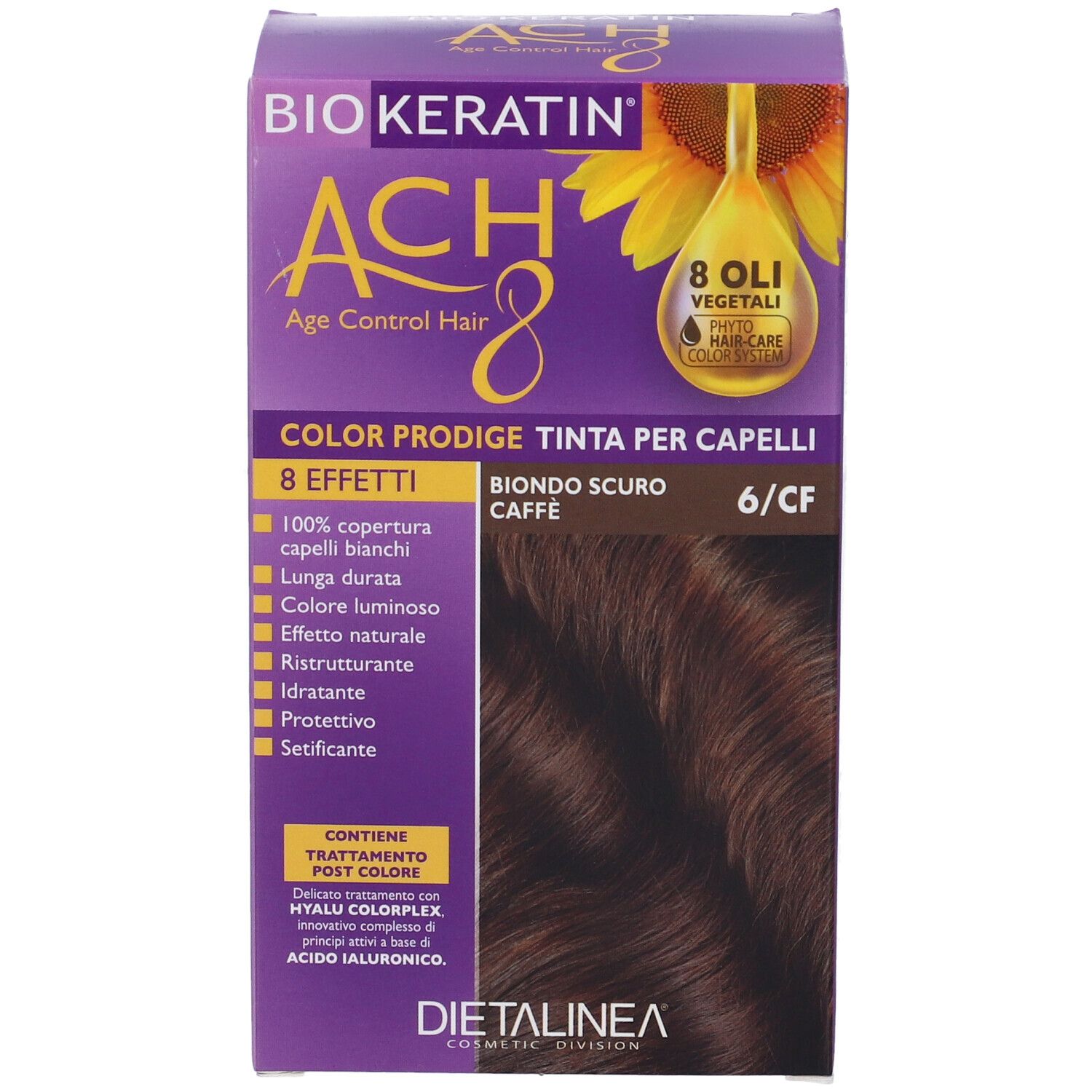 Scatola di colorazione per capelli. Nome prodotto: Biokeratin ACH8 Color Prodige. Colore: Biondo Scuro Caffe' 6/Cf. Con logo girasole.