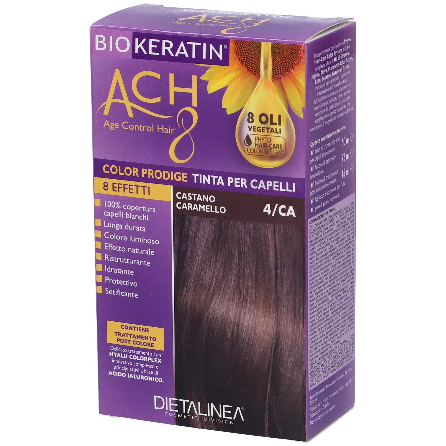 Confezione di tinta per capelli. Scritta: Biokeratin ACH8 Color Prodige, Castano Caramello 4/CA. Contiene 8 oli. Copertura 100% capelli bianchi.