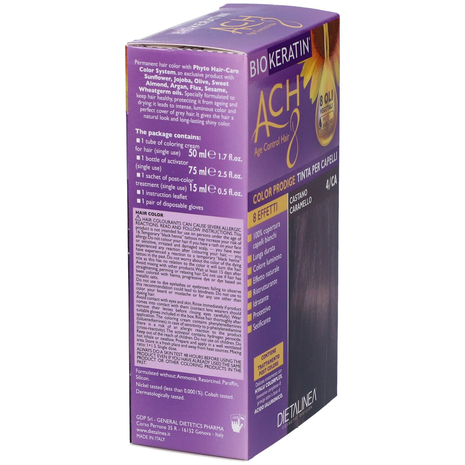 Vista laterale della confezione di tinta per capelli. Scritta: Biokeratin ACH8 Color Prodige, Castano Caramello 4/CA. Contiene 8 oli. Ingredienti.