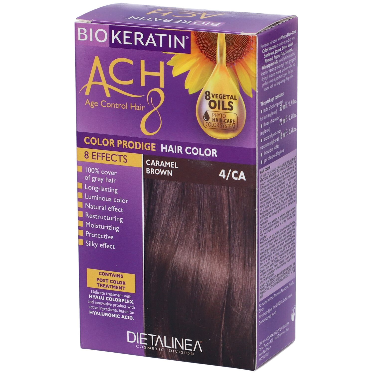 Confezione di tinta per capelli. Scritta: Biokeratin ACH8 Color Prodige, Caramel Brown 4/CA. Contiene 8 oli. Copertura 100% capelli bianchi.