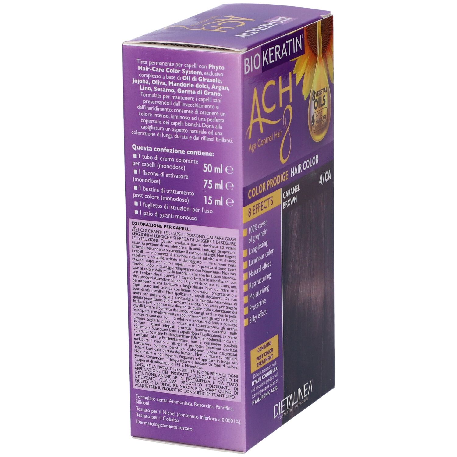 Vista laterale della confezione di tinta per capelli. Scritta: Biokeratin ACH8 Color Prodige, Caramel Brown 4/CA. Contiene 8 oli. Ingredienti.