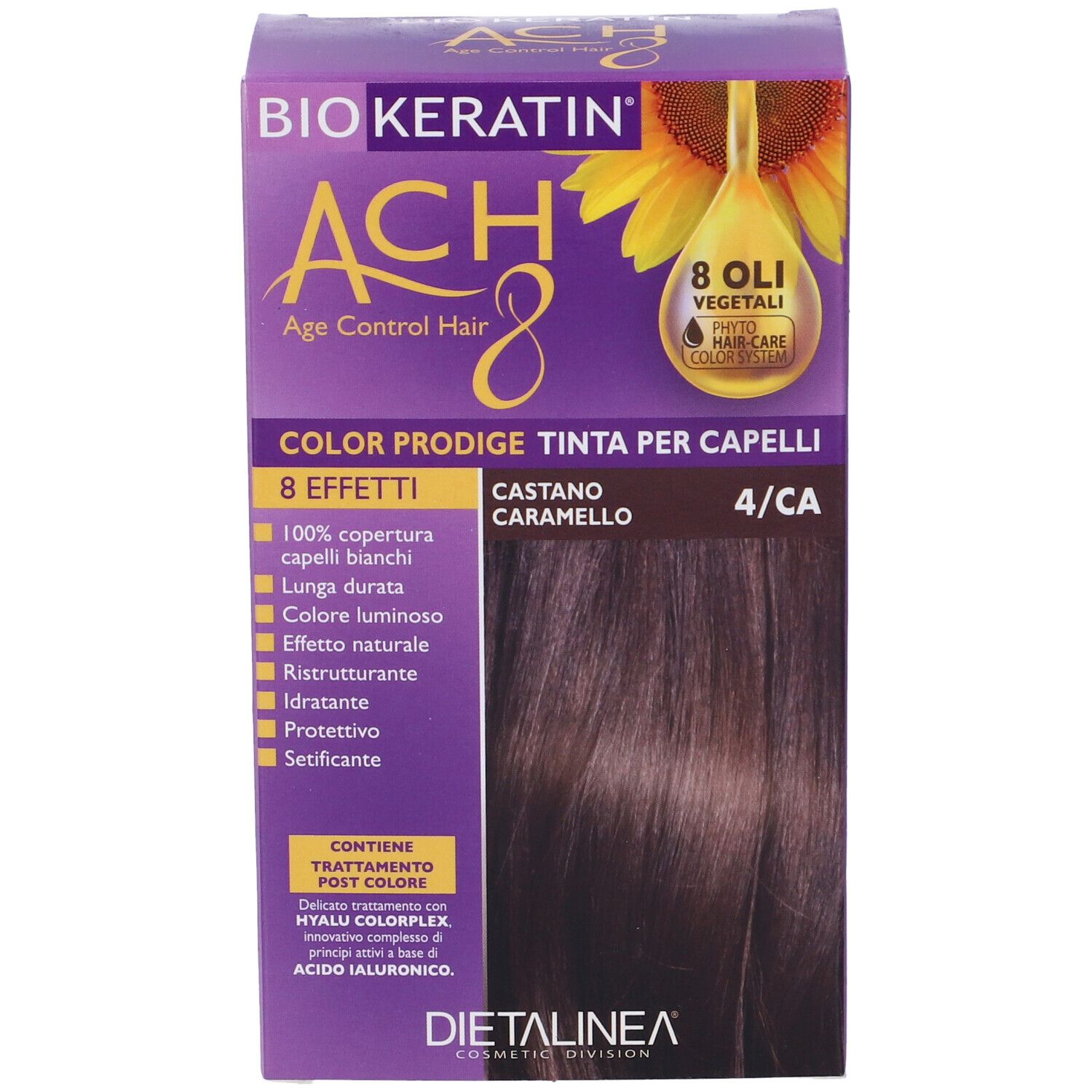 Confezione di tinta per capelli. Scritta: Biokeratin ACH8 Color Prodige, Castano Caramello 4/CA. Contiene 8 oli. Copertura 100% capelli bianchi.