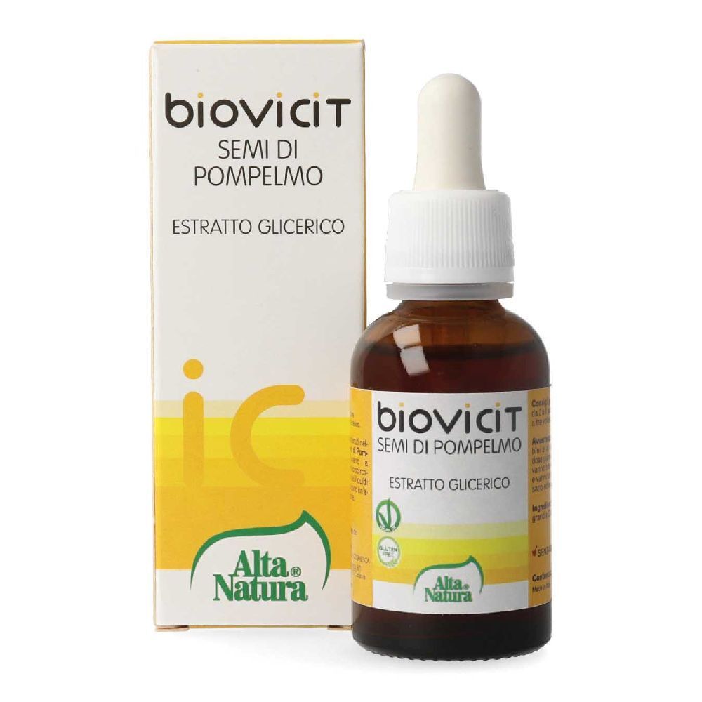 Flacone di vetro marrone con contagocce e scatola. Scritta: Biovicit Semi di Pompelmo, Estratto Glicerico. Marchio: Alta Natura.