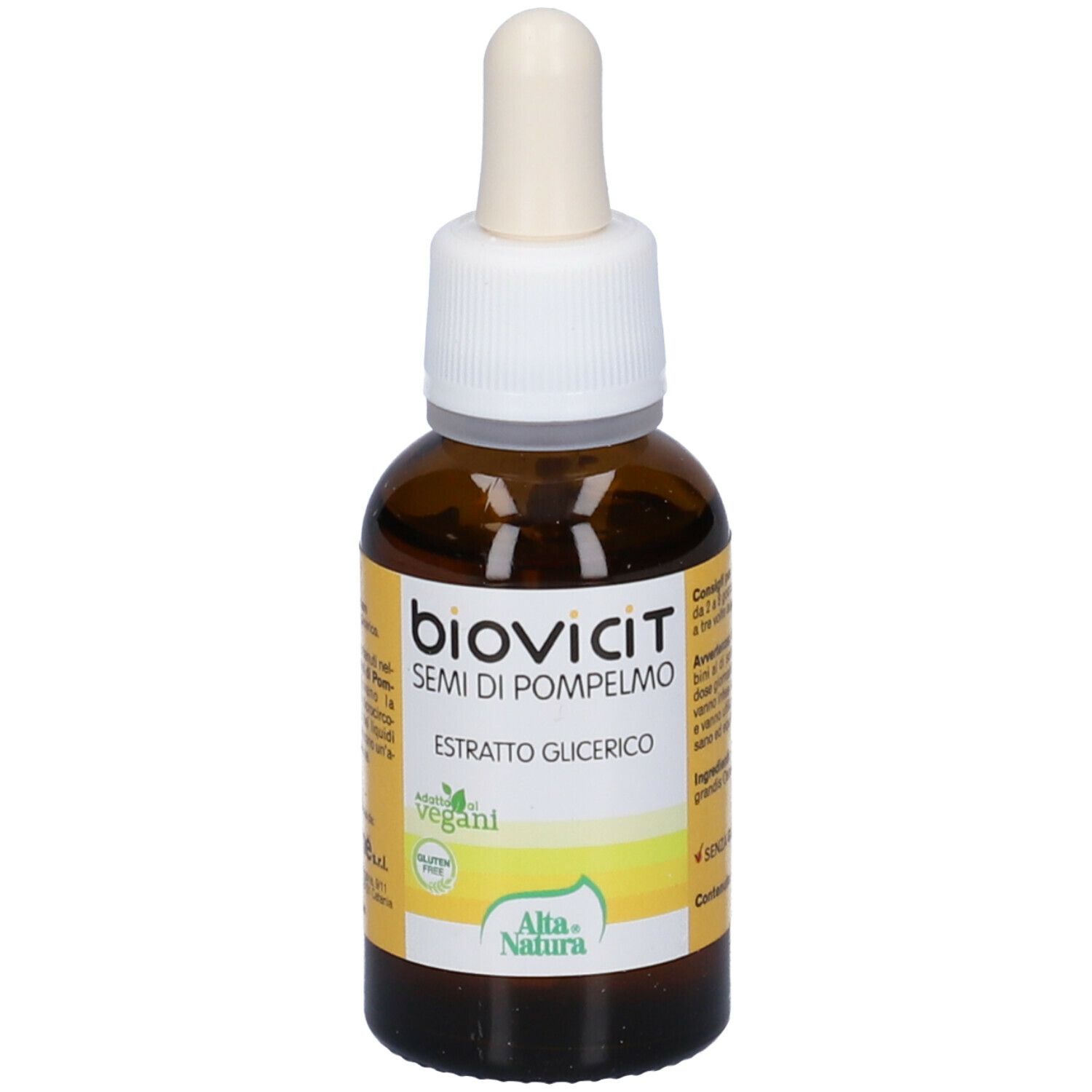 Flacone di vetro marrone con contagocce. Scritta: Biovicit Semi di Pompelmo, Estratto Glicerico. Marchio: Alta Natura. Sigillo vegano.