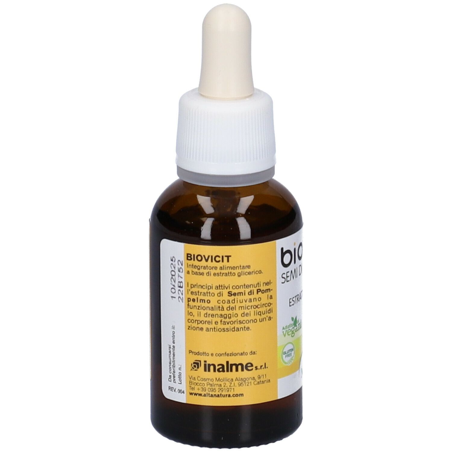 Flacone di vetro marrone con contagocce. Scritta: Biovicit Semi di Pompelmo, Estratto Glicerico. Marchio: Alta Natura. Sigillo vegano. Testo sul retro.