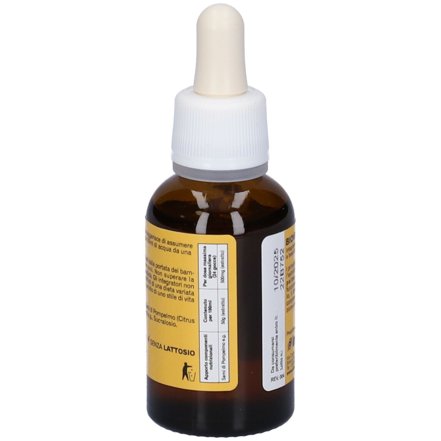 Flacone di vetro marrone con contagocce. Scritta: Biovicit Semi di Pompelmo, Estratto Glicerico. Marchio: Alta Natura. Testo e scadenza sul retro.