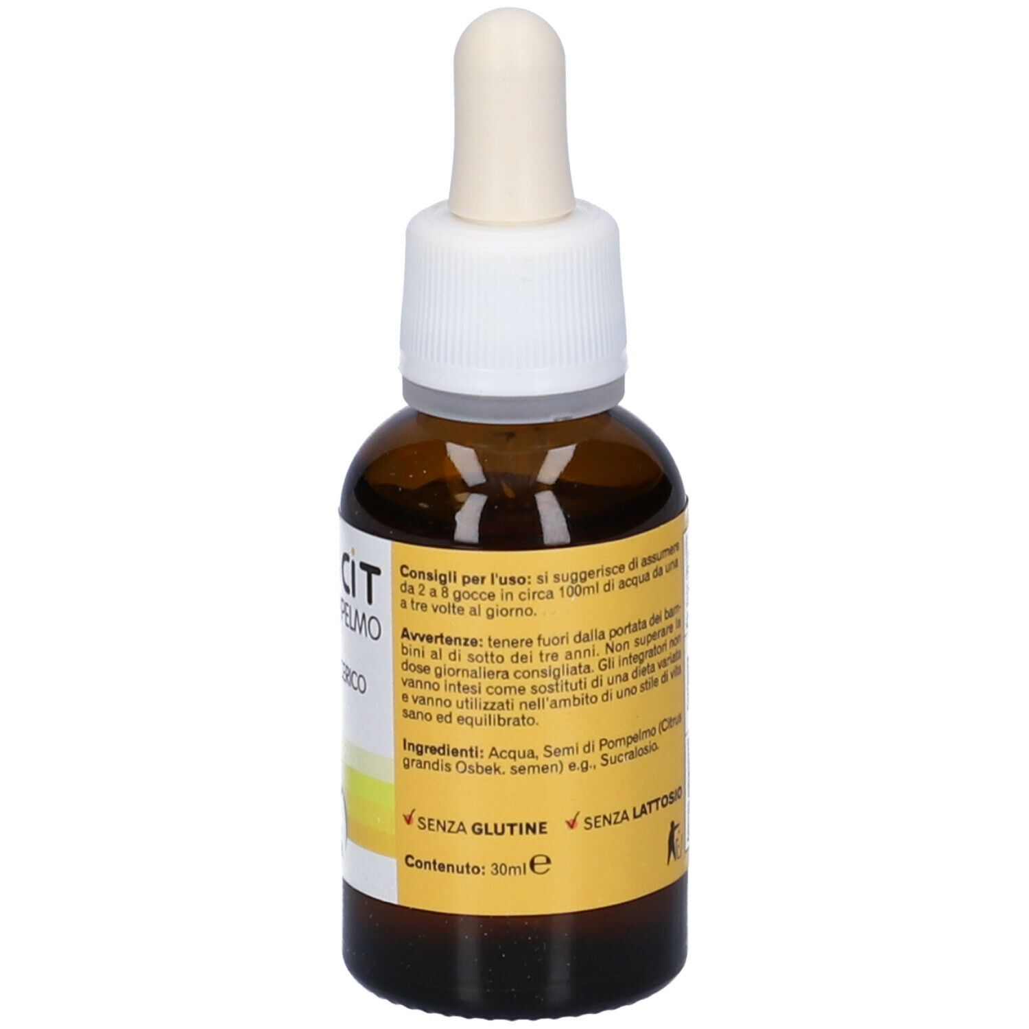 Flacone di vetro marrone con contagocce. Scritta: Biovicit Semi di Pompelmo, Estratto Glicerico. Marchio: Alta Natura. Testo, senza glutine, senza lattosio.