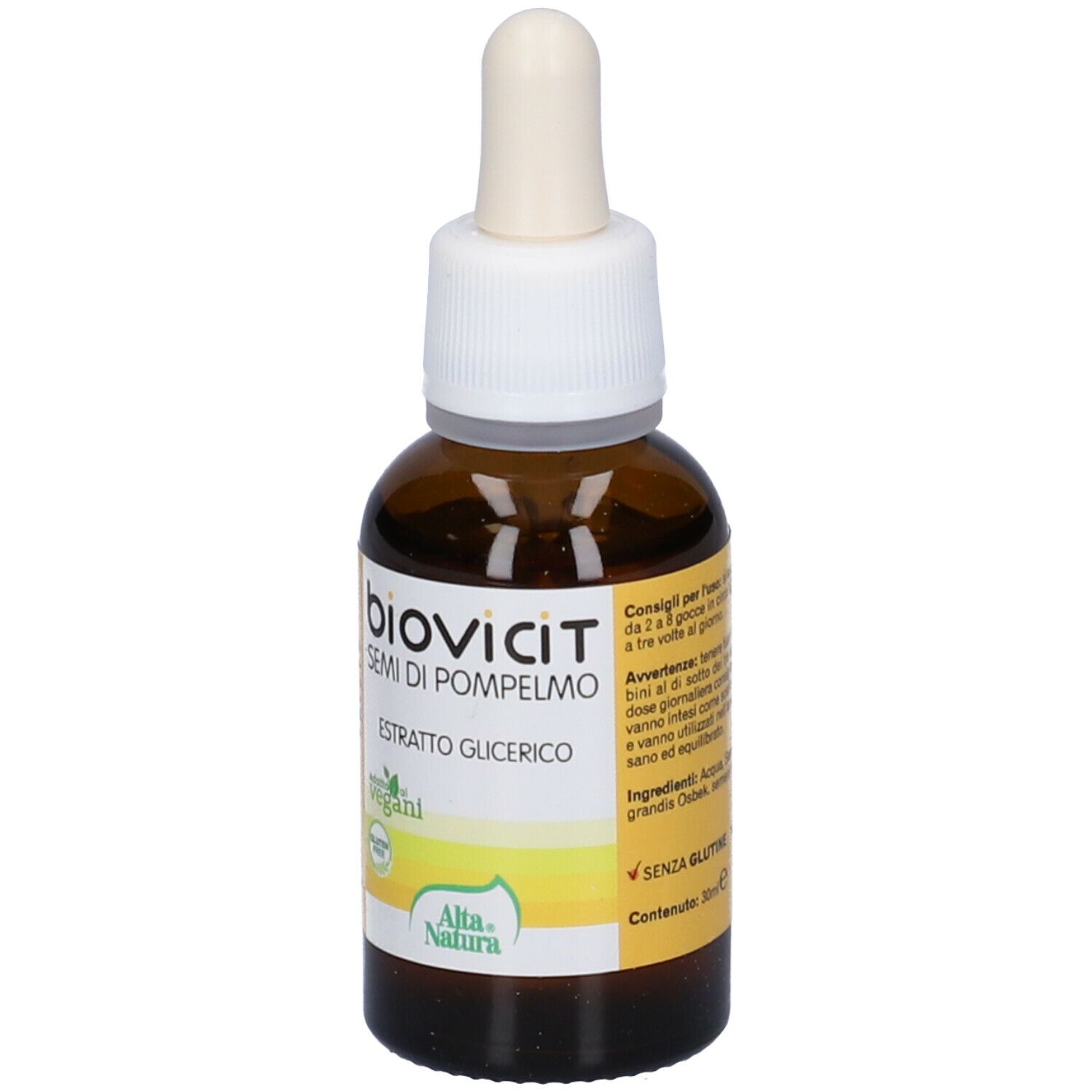 Flacone di vetro marrone con contagocce. Scritta: Biovicit Semi di Pompelmo, Estratto Glicerico. Marchio: Alta Natura. Testo, senza glutine, senza lattosio.
