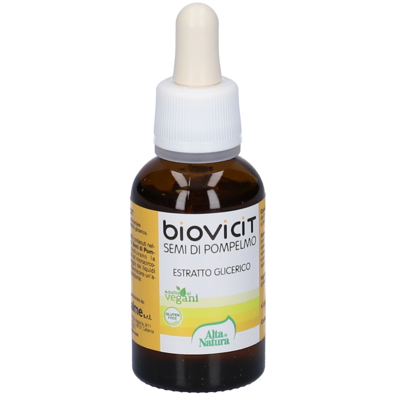 Flacone di vetro marrone con contagocce. Scritta: Biovicit Semi di Pompelmo, Estratto Glicerico. Marchio: Alta Natura. Sigillo vegano. Testo sul retro.