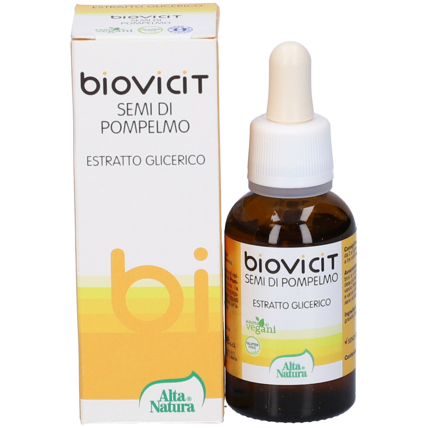 Flacone di vetro marrone con contagocce e scatola. Scritta: Biovicit Semi di Pompelmo, Estratto Glicerico. Marchio: Alta Natura. Sigillo vegano.