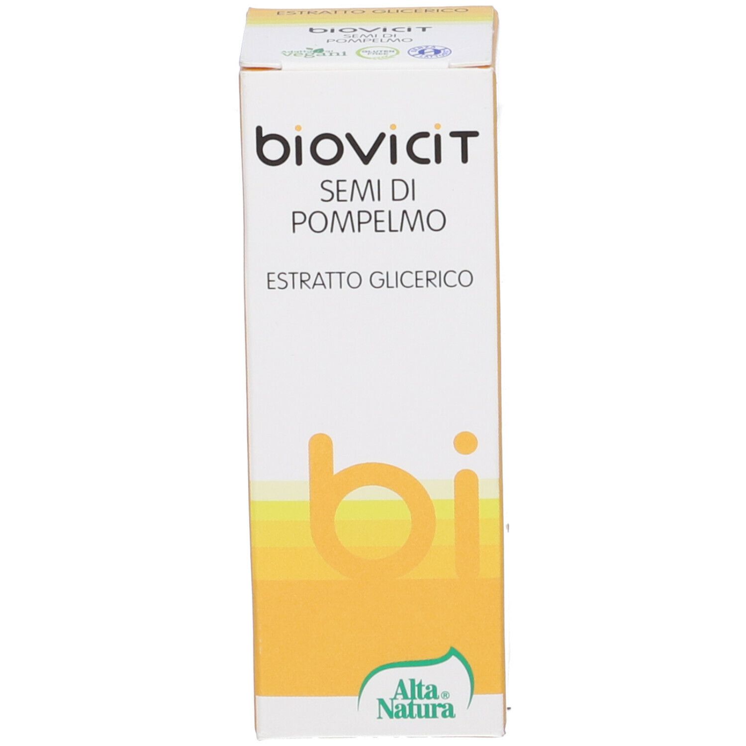 Scatola. Scritta: Biovicit Semi di Pompelmo, Estratto Glicerico. Marchio: Alta Natura.
