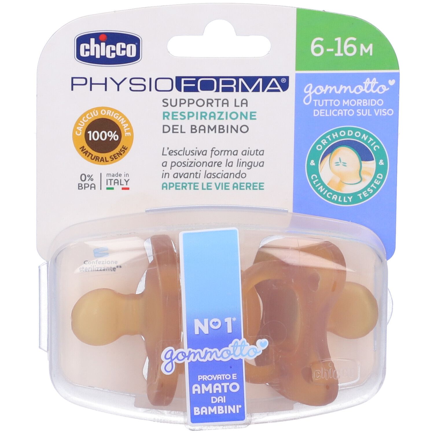 Confezione con due succhietti. Marchio Chicco, modello PhysioForma. Testo: 6-16M, Orthodontic, 100% Natural Sense.