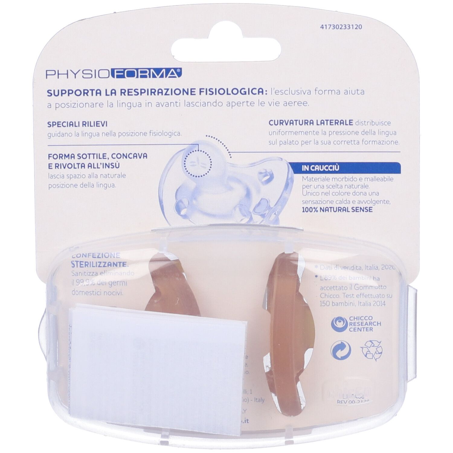 Retro della confezione con due succhietti. Testo: PhysioForma, Curvatura Laterale, Forma Sottile, Conca, Rivolta All'Insu.