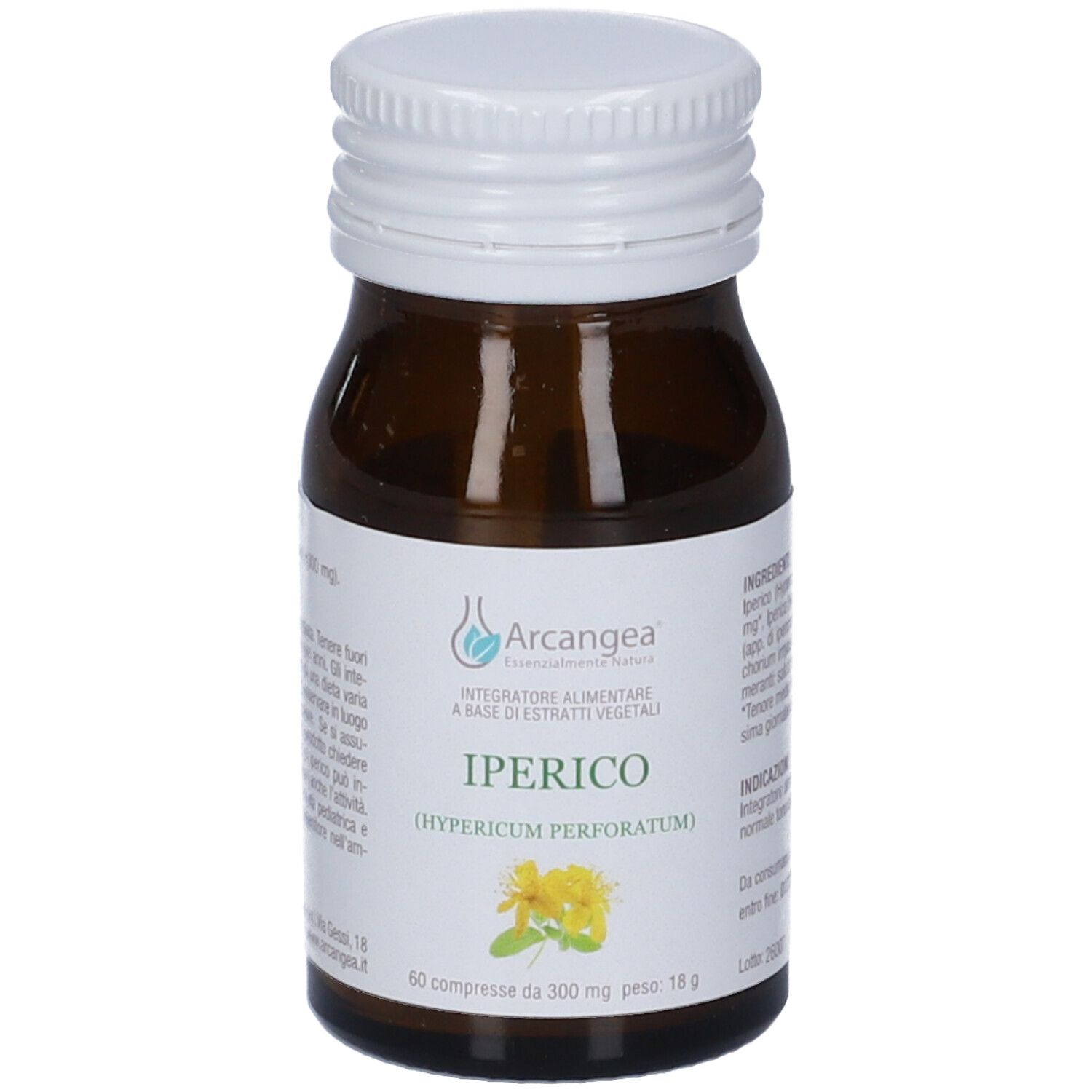 Flacone di vetro marrone con tappo bianco. Etichetta con nome del prodotto e logo. 60 compresse.