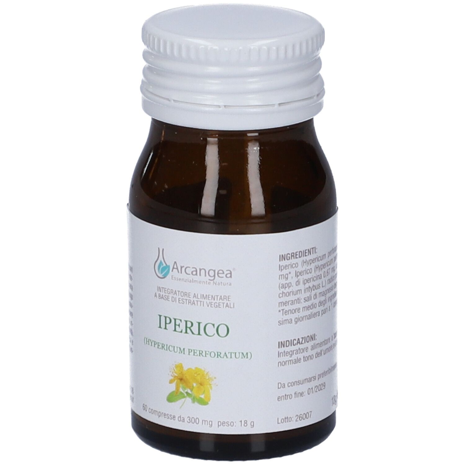 Flacone di vetro marrone con tappo bianco. Etichetta con nome del prodotto, logo e testo.