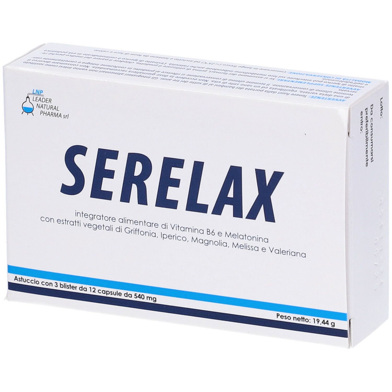 Scatola Serelax, bianca con testo blu. Testo: Serelax, integratore alimentare. Contiene 3 blister da 12 capsule.
